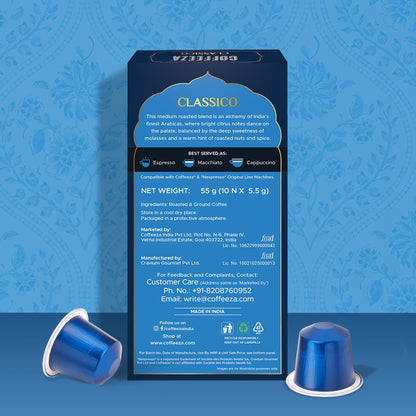 Coffeeza Classico Aluminium Coffee Capsules, Intensity - 6 |100% Arabica | Original Line Compatible Coffee Pods | Box of 1 (10 Capsules)