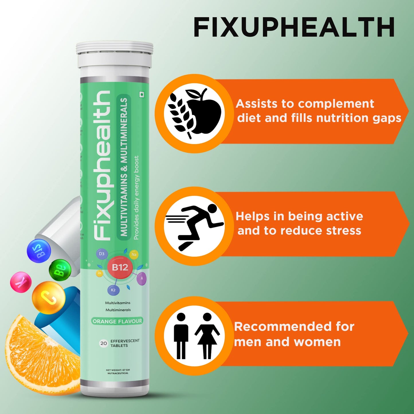 FIXUPHEALTH Multivitamins and Multiminerals Tablets, for Men and Women with Vitamins and Minerals Nutrition, Health and Wellbeing Effervescent Tablets Orange Flavor - (20 Tablets)