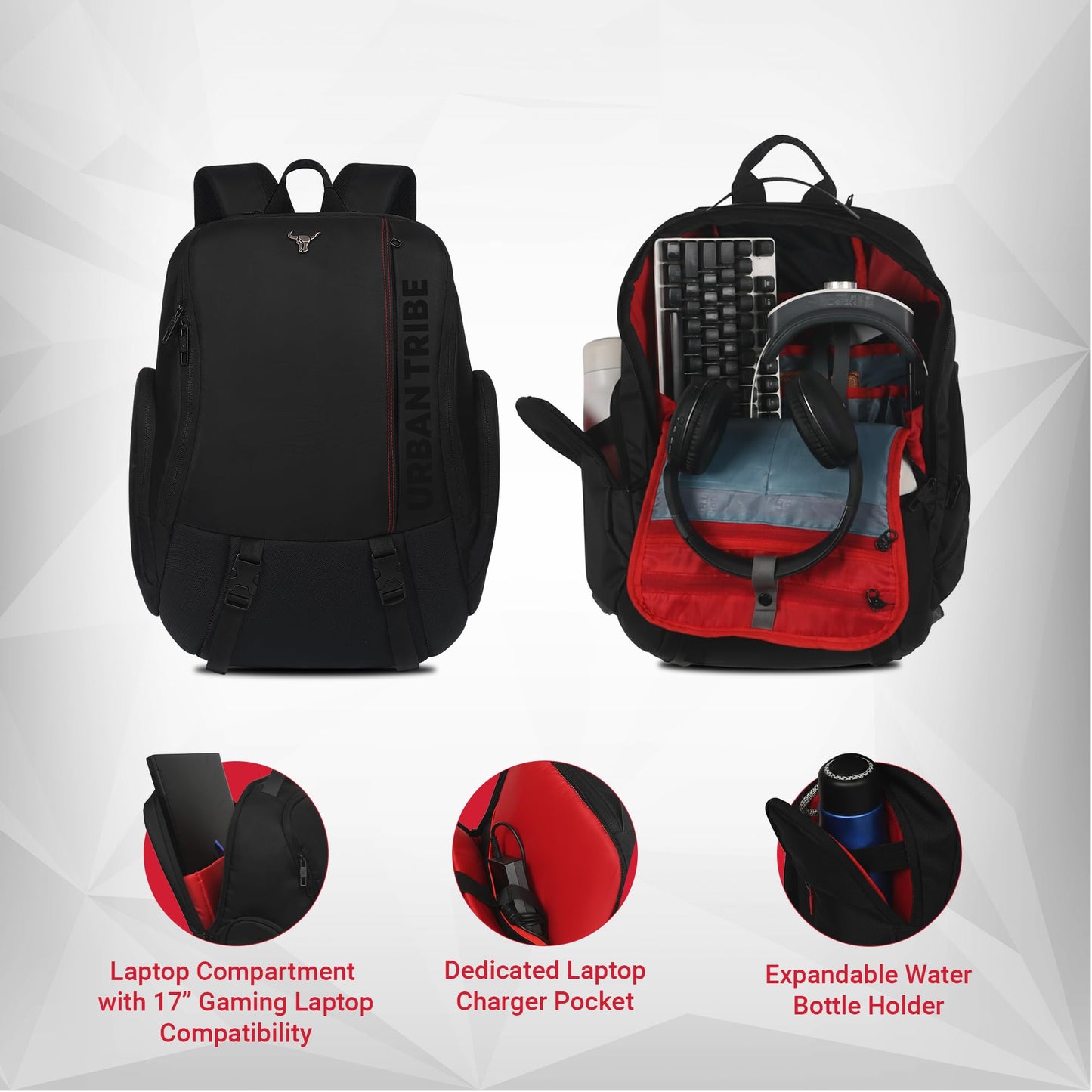 URBAN TRIBE Gamzo 35L Gamers Laptop Backpack for every Genz Z | USB-C Charging | Fits 15.6 Inch Laptop | RGB-Ready Gaming Backpack | Anti-Theft, RFID Safe, Shockproof, Weather-Resistant | Black