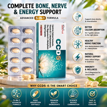 RITE AID HEALTH CARES CCD5 Advanced 5-in-1 Formula Softgel Capsules | Help Daily Bone & Nerve Support with Calcium, Vitamin K2-7, Vitamin B12, Zinc, Magnesium & L-Methylfolate