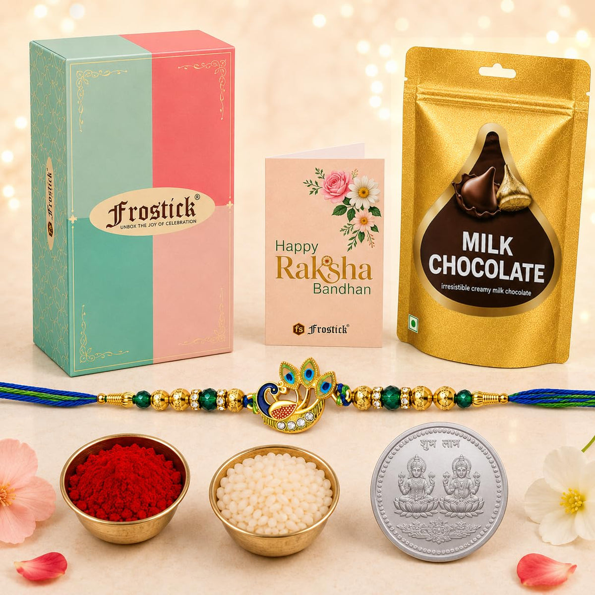 Frostick Rakhi and Chocolate Combo for Brother Includes Elegant Peacock Rakhi Set of 1 with Sweet Chocolates Thoughtful Gift Set for Raksha Bandhan Festival