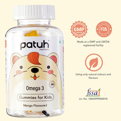 PATUH HEALTHCARE Junior Omega 3 Gummies (4 years & above) 100% Vegetarian Formula, Omega Veg Kids Gummies for Healthy Heart, Brain & Joints, Natural Mango flavor (Pack of 1)