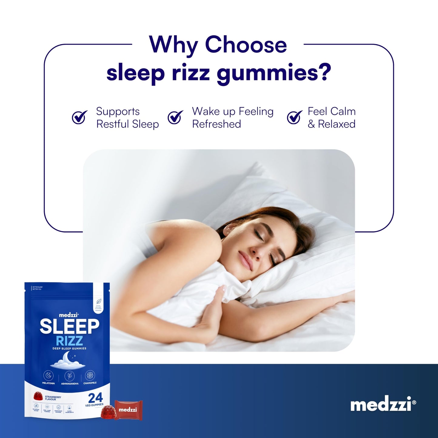 Medzzi Sleep Rizz Gummies with Melatonin, Ashwagandha & Chamomile | Promotes Deep Sleep, Reduces Stress & Calms Mind | Strawberry Flavour | 24 Veg Gummies