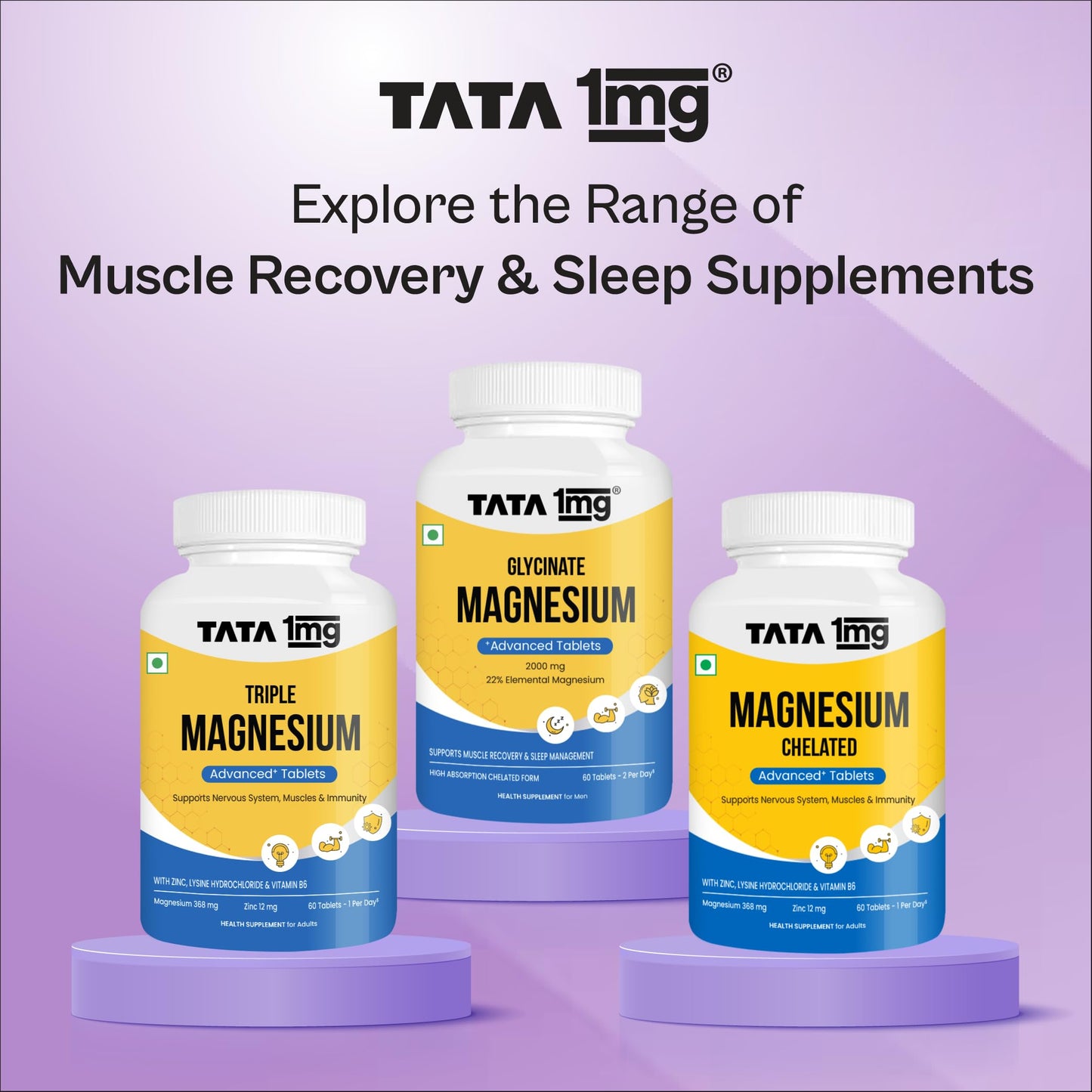 TATA 1mg Magnesium Glycinate Tablets | 2000mg | High Absorption Chelated form for Muscle Recovery, Sleep & Nerve Health | 2000mg Per Serving – 60 Veg Tablets