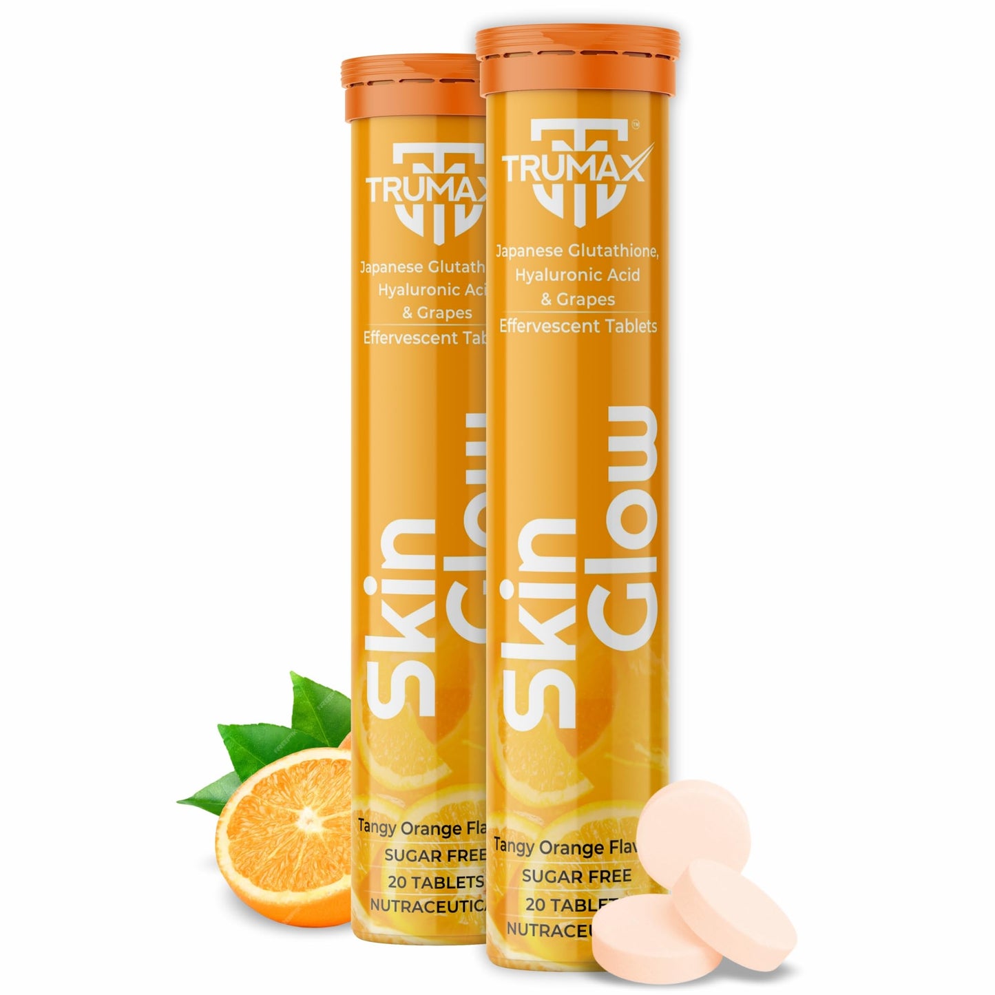 TRUMAX Skin Glow Japanese Glutathione Effervescent Tablets – Pack of 2 (40 Tablets) | 500mg L-Glutathione with Vitamin C & Hyaluronic Acid | Tangy Orange Flavor Skin Glow Supplement for Clear, Radiant Skin
