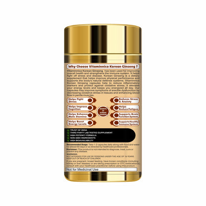 Vitaminnica Korean Ginseng Extract | Supports Stamina, Energy, Vitality, Strength | 60 Veg Capsules (Pack of 1)