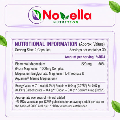Novella Magnesium Complex – Triple Magnesium Formula with glycinate,Citrate & L-Threonate, Supports Muscles Recovery & Cramp,Better Sleep & Bone Strength – 60 Veg Capsules