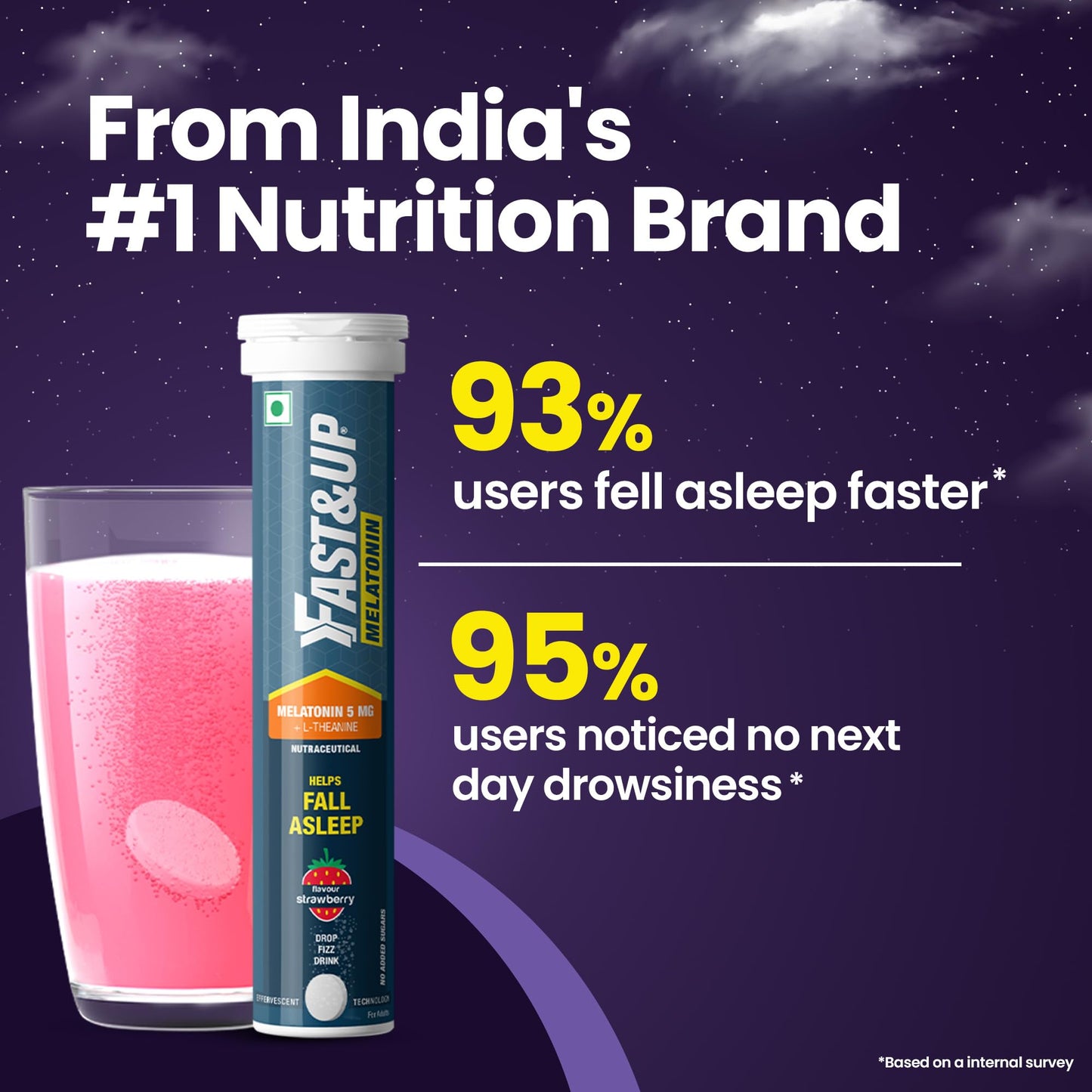 Fast&Up Melatonin with 5 mg Melatonin + 100 mg L-Theanine (20 Effervescent tablets) | Helps fall asleep faster & Wake up refreshed | Fast Acting, 100% Natural, Non-Addictive - Strawberry flavour