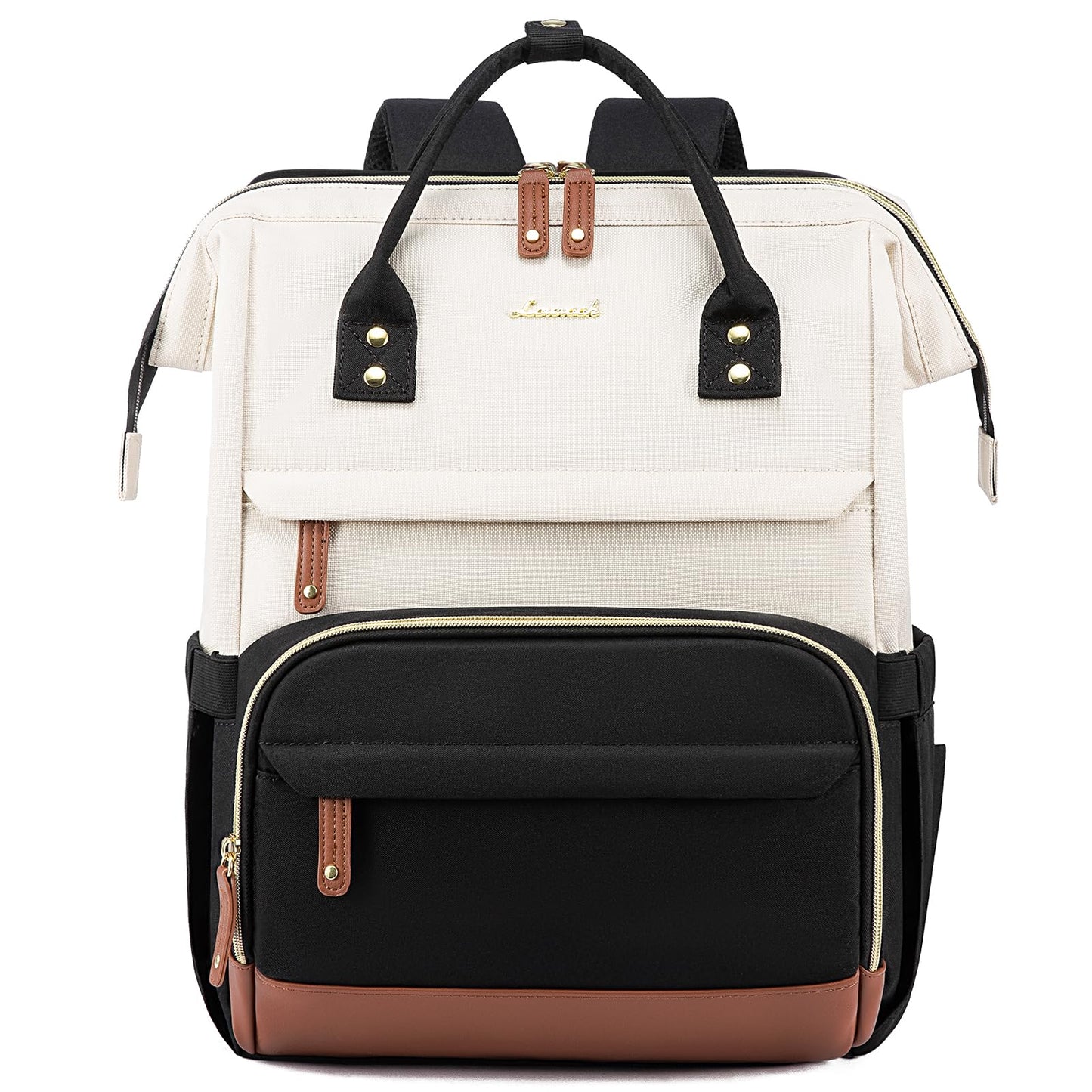 LOVEVOOK Laptop Backpack for Women, Travel Computer Work Bag, Business Teacher Nurse Backpack Purse, 15.6-inch, Beige-Brown-Black, Beige-brown-black, 15.6 Inch