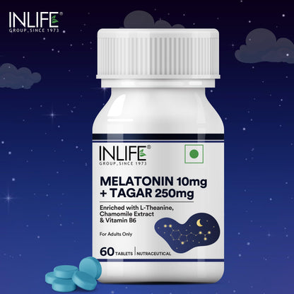 INLIFE Melatonin 10mg with Tagar 250mg | 60 Tablets | Enhanced with Vitamin B6 & Chamomile Extract | Non-Habit Forming (Pack of 1)