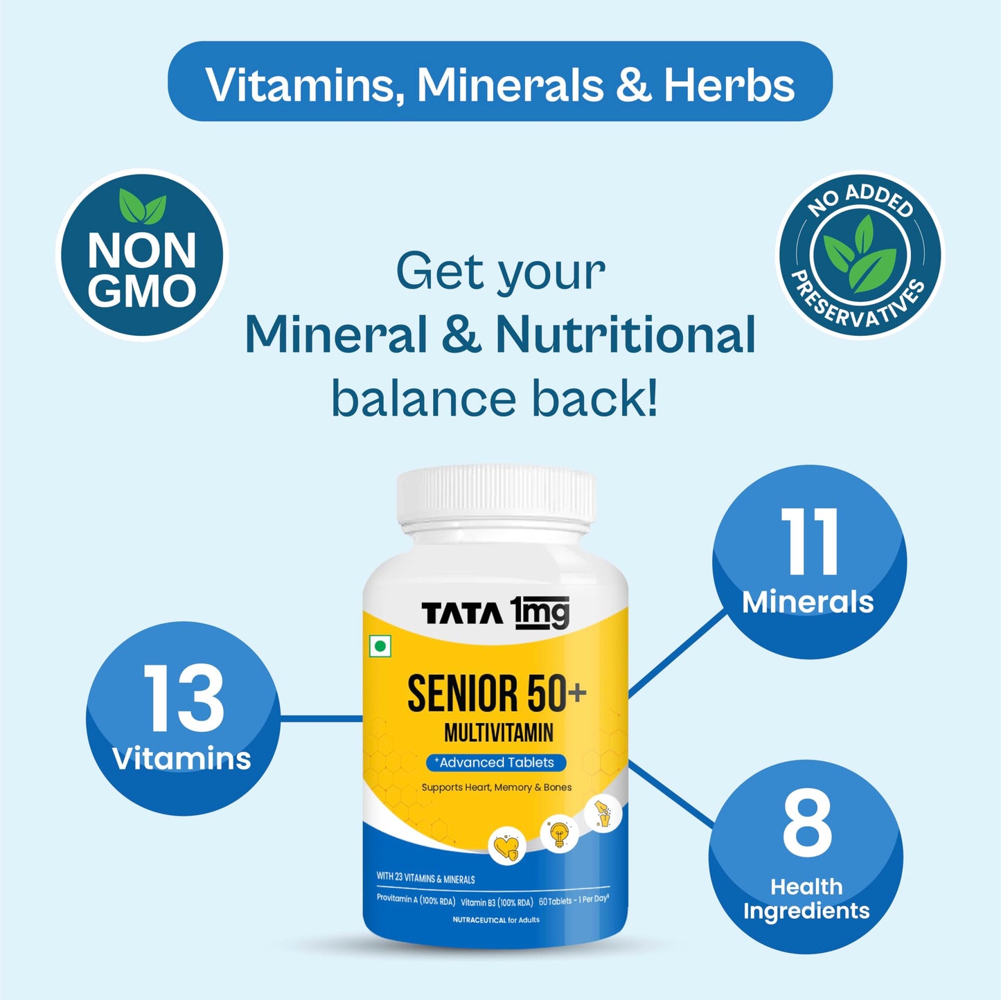 TATA 1mg Senior 50+ Multivitamin & Multimineral Veg Tablet with Calcium for Bone, Skin, Eye, Immunity, Heart & Joints, For Men & Women, Non-GMO & No Added Preservatives (Pack Of 60)