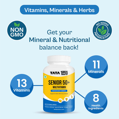 TATA 1mg Senior 50+ Multivitamin & Multimineral Veg Tablet with Calcium for Bone, Skin, Eye, Immunity, Heart & Joints, For Men & Women, Non-GMO & No Added Preservatives (Pack Of 60)