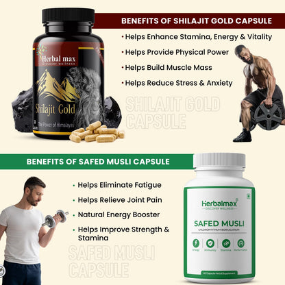 Herbalmax Shilajit Gold Capsule with Safed Musli 800mg – 90 Capsules Combo of 2 | 100% Natural Ayurvedic Supplement for Energy, Stamina, Strength & Vitality for Men & Women