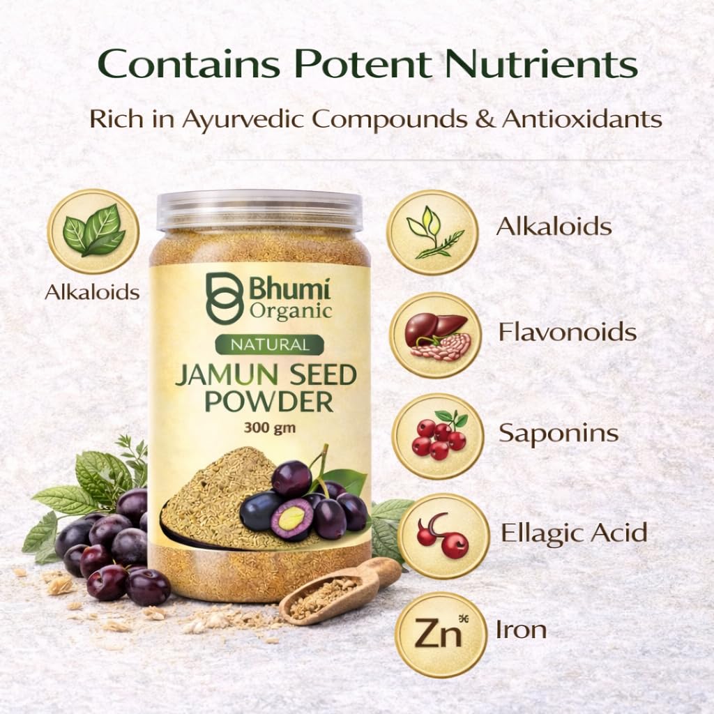 Bhumi Organic Ayurveda Jamun Seed Powder for Diabetes - 500 Grams - Herbal Supplement - Pure Jamun Seeds