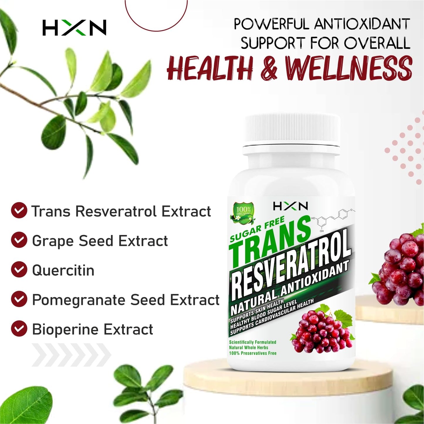 HXN Resveratrol 500mg Supplements With Grape Seed Extract, Quercetin Powder, Pomegranate To Balance Cholesterol, Antioxidant & Heart Health Care-60 Tablets (Pack 1)
