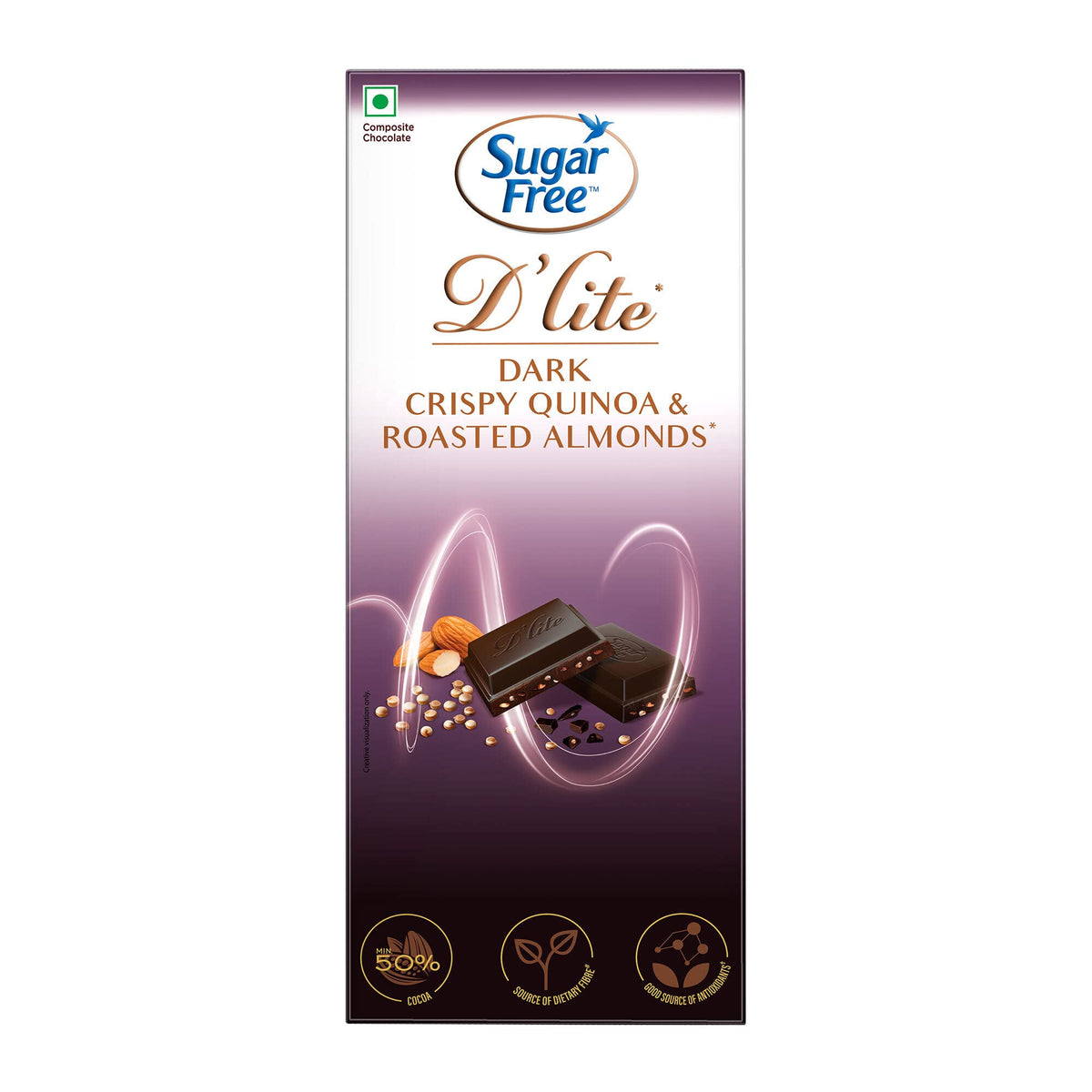 Sugar Free D'lite Dark Chocolate | Quinoa & Almonds Dark Chocolate Bar | Pack Of 1 (80 Gram) | No Added Sugar | Keto Friendly & Vegan | Gluten Free | Guilt Free Extreme Delight With 50% Cocoa