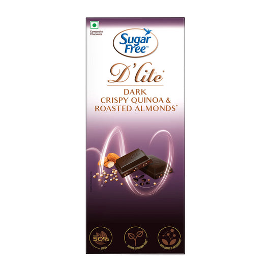 Sugar Free D'lite Dark Chocolate | Quinoa & Almonds Dark Chocolate Bar | Pack Of 1 (80 Gram) | No Added Sugar | Keto Friendly & Vegan | Gluten Free | Guilt Free Extreme Delight With 50% Cocoa