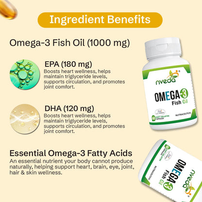Nveda Omega 3 Fish Oil 1000mg with 180mg EPA & 120mg DHA | Supports Heart, Brain, Eye & Joint Health | Omega-3 Fatty Acid Supplement for Men & Women | 60 Capsules