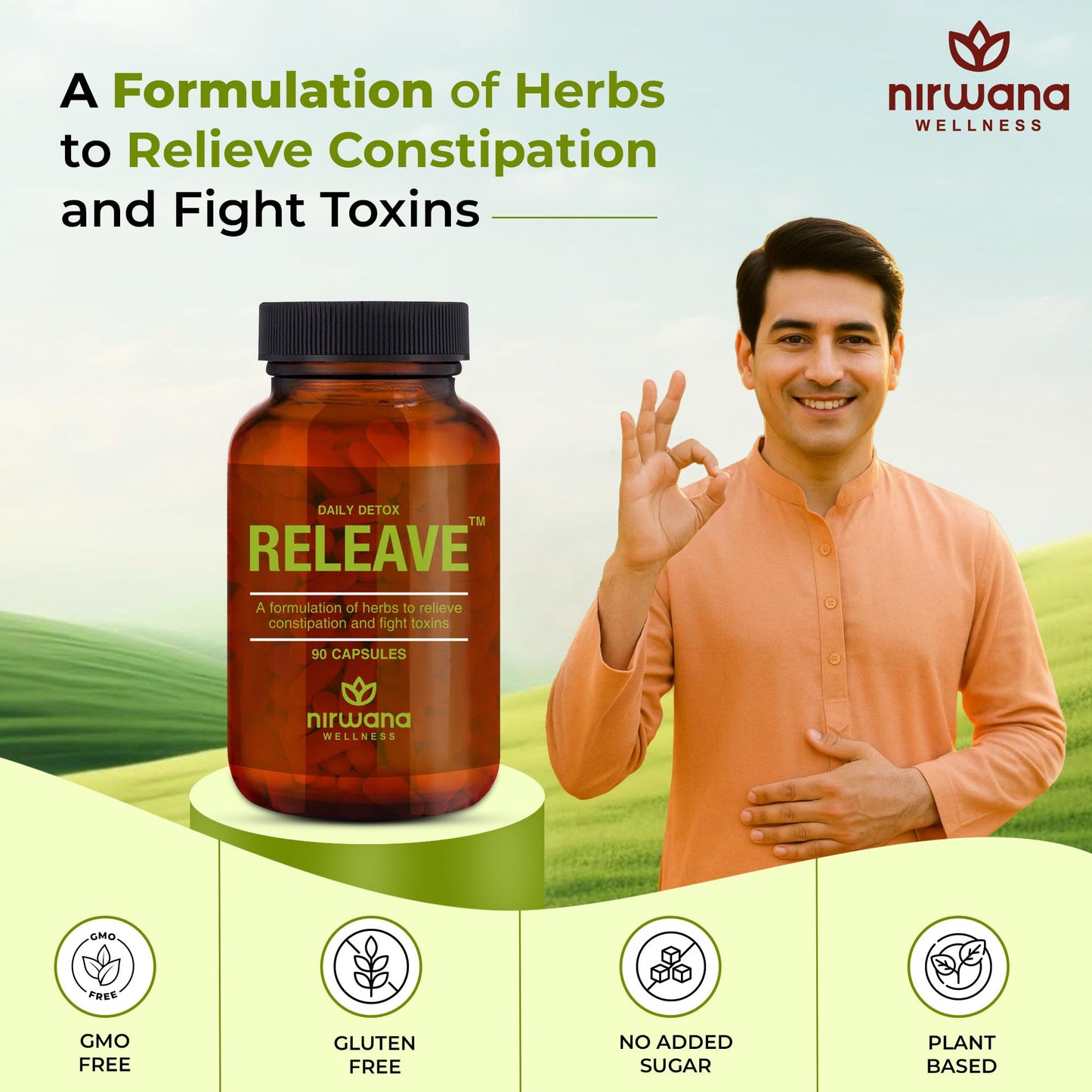 Nirwana Releave Capsule For Constipation,Gas,Acidity & Bloating Relief|Natural Herbal Gut Cleanse & Detox|Improves Digestion,Clean & Lubricate Bowel|100% Herbal Formula|90Capsules