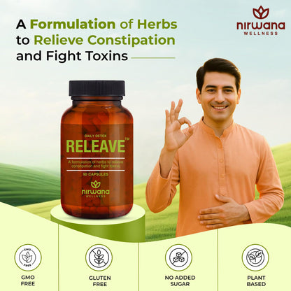 Nirwana Releave Capsule For Constipation,Gas,Acidity & Bloating Relief|Natural Herbal Gut Cleanse & Detox|Improves Digestion,Clean & Lubricate Bowel|100% Herbal Formula|90Capsules