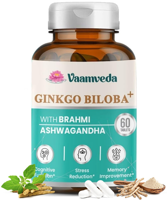 Premium Ginkgo Biloba Capsules with Brahmi & Ashwagandha – Brain, Memory & Focus Support Supplement - 60 Ayurvedic Tablets
