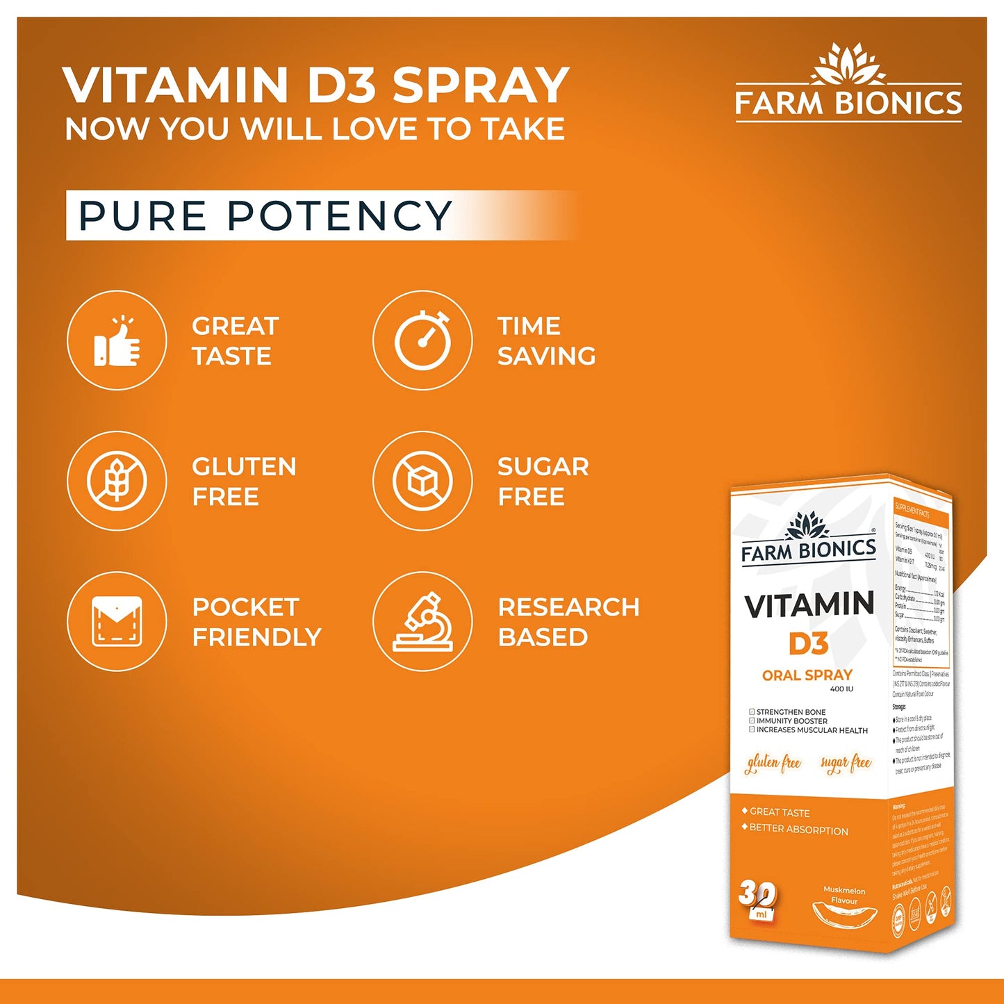 FARM BIONICS Vitamin D3 400 Iu Spray Supplement, 30Ml | Vitamin D3 Booster Oral Spray | 100% Vegetarian | Sugar And Gluten Free | Immunity Booster Spray For Men And Women (Muskmelon)