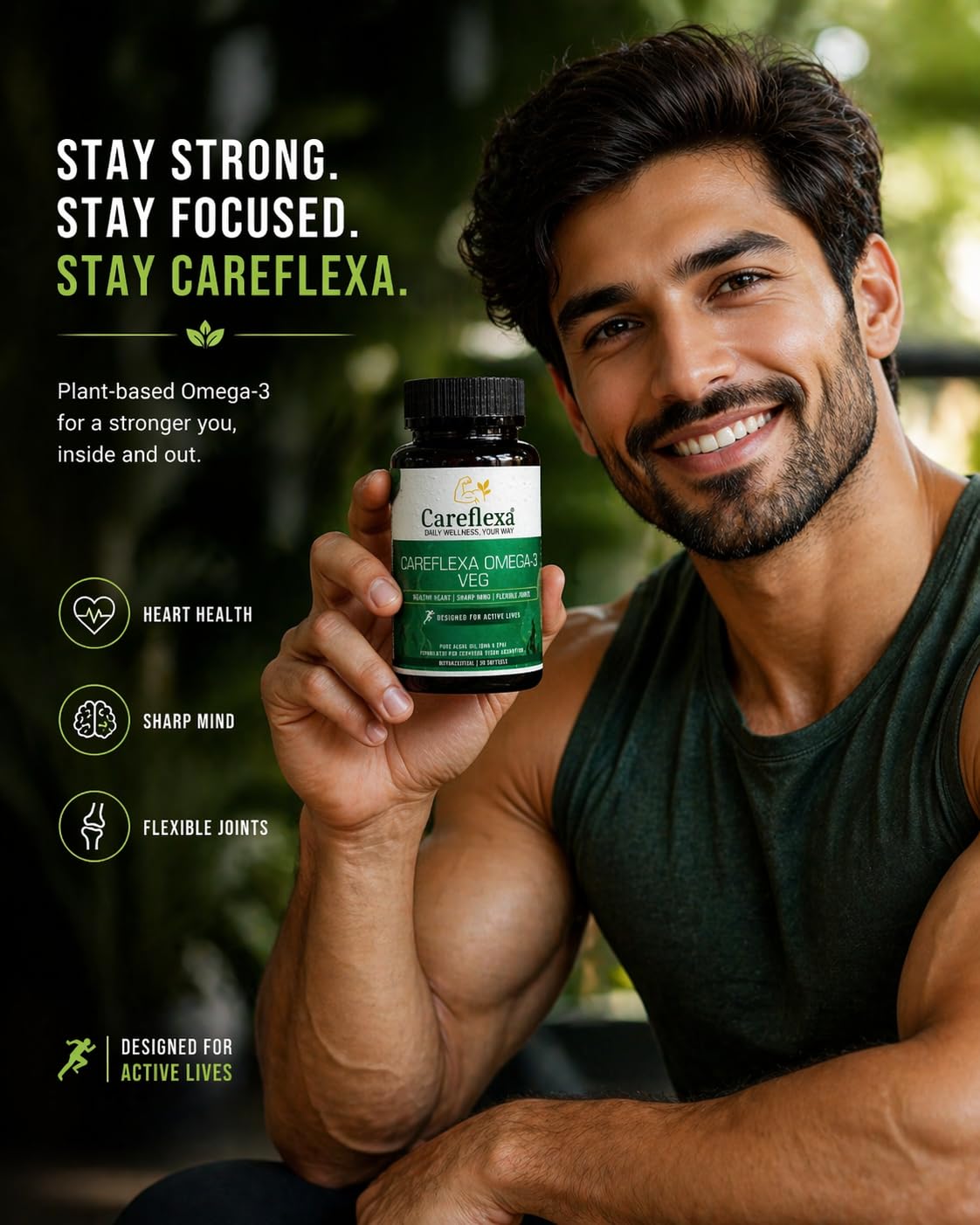CareFlexa Omega-3 Veg 30 Softgels 1200mg | Algal Oil & Flaxseed Formula | Heart, Brain & Joint Support | Muscle Recovery & Stamina Booster | 30 Vegetarian Softgels