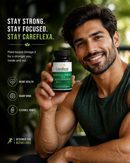CareFlexa Omega-3 Veg 30 Softgels 1200mg | Algal Oil & Flaxseed Formula | Heart, Brain & Joint Support | Muscle Recovery & Stamina Booster | 30 Vegetarian Softgels