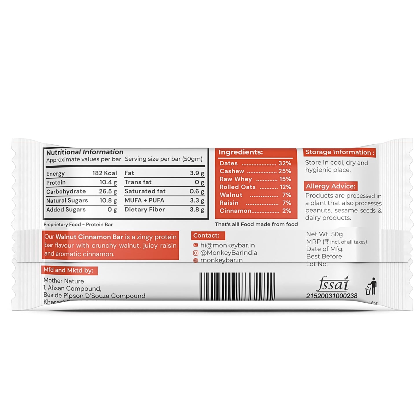 MONKEY BAR - Walnut Cinnamon Protein Bar - 8 Bars, 50g each, 10g Protei- image 3