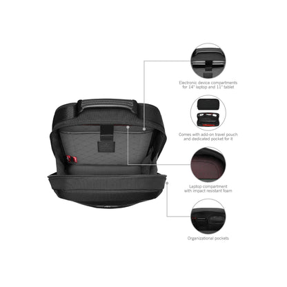 Victorinox Swiss Designed Backpack, Mythic Compact Backpack, Black, 14 Inch Laptop and Tablet Compartment, Business Travel Office Bag For Men & Women, Includes Travel Organiser | 17 Litres (653458)