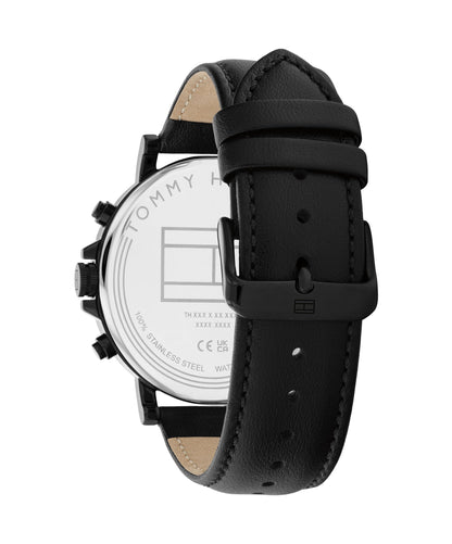 Tommy Hilfiger Men's Multifuction Stainless Steel & Black Leather Strap Analog Watch