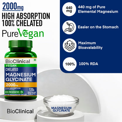 BioClinical Magnesium Glycinate Supplement 2000mg 120 Veg Tablets -High Absorption Chelated Magnesium Supplement Supports in Muscle Recovery, Sleep & Nerve Health for Men & Women -Zero Preservatives