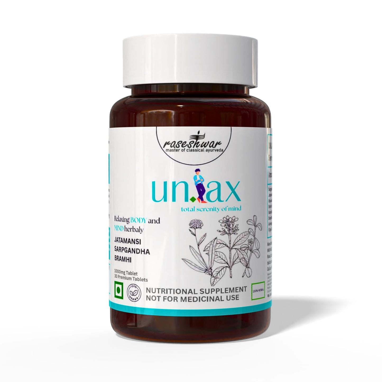 Raseshwar Unlax Ayurvedic Herbal Tablets for Sleep & Stress Support | With Jatamansi, Sarpagandha & Brahmi | Calming Nervous System Formula | 1000mg | 30 Tablets