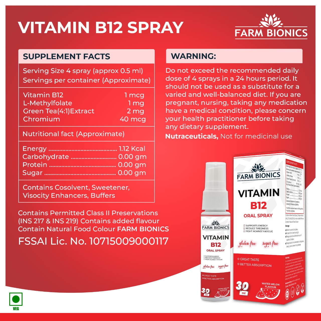 FARM BIONICS Vitamin B12 Drop Oral Spray, 30Ml|100% Vegetarian|Sugar Free|Gluten Free|Immunity Booster Spray For Men & Women|Pocket Friendly (Watermelon, Pack Of 2)