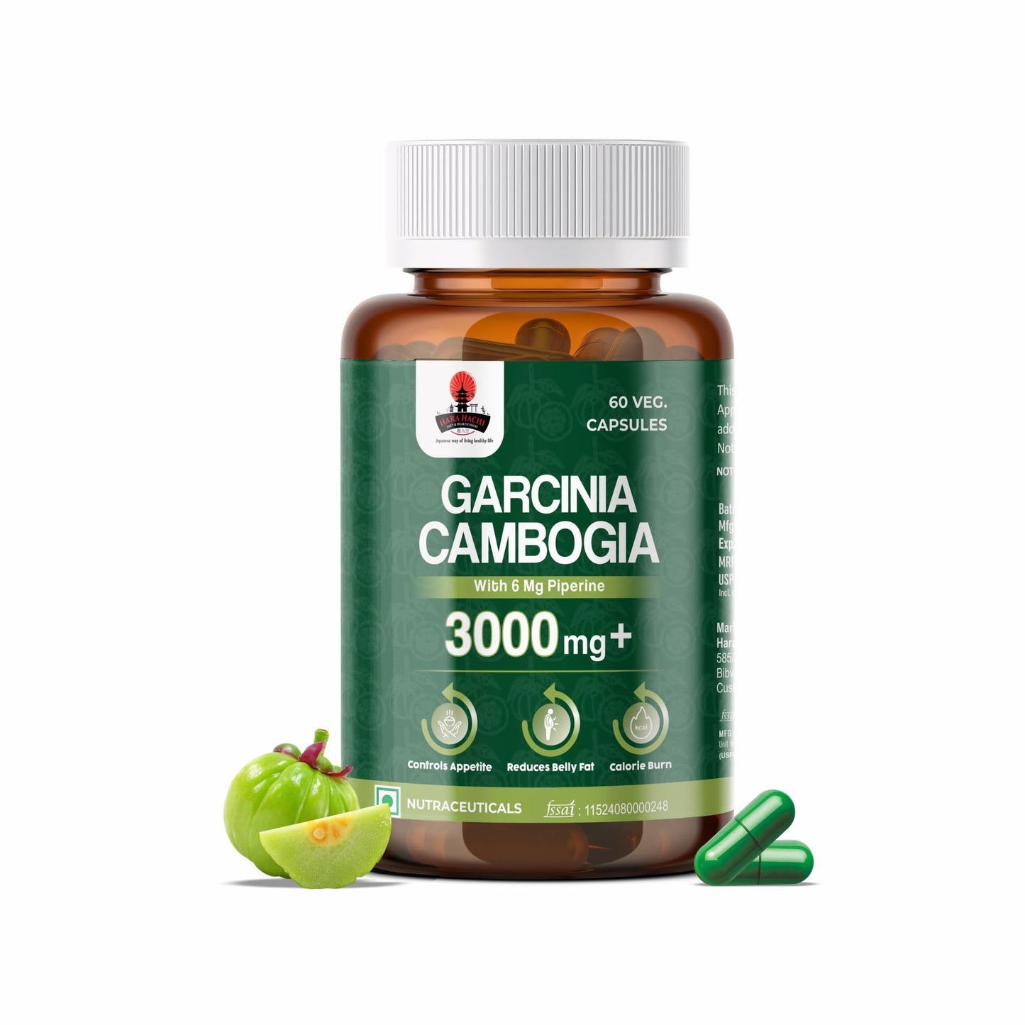 Hara Hachi World's No. 1 Garcinia Cambogia 3000mg 60% HCA & 6mg Piperine Per Serving | Weight Loss Supplement For Men & Women | Unwanted Appetite Suppressant - 60 Veg Capules | Pack of 1