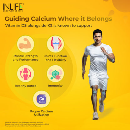 INLIFE Vitamin D3 600 IU K2 MK7 55 mcg, Lichen Sourced Plant Based, Stronger Bones Immunity & Calcium Absorption, 60 Tablets