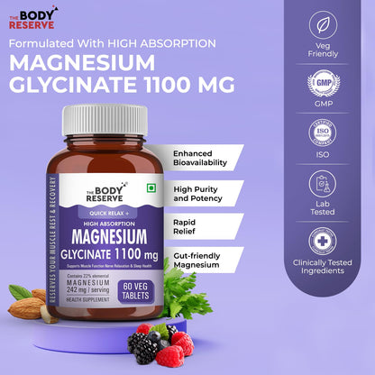 The Body Reserve Magnesium Glycinate Supplement - 60 Veg Tablets, 1100mg Per Serving, High Absorption Chelated Form - Muscle & Nerve Health, Relaxation for Men & Women