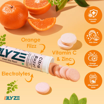 BLYZE Citra Fizz Vitamin C Effervescent Tablets with Natural Amla Extract and Zinc for Daily Immunity, Helps Boost and Strengthen Collagen for Healthy Skin, Hair and Nails – Orange Flavour, 20 Tablets
