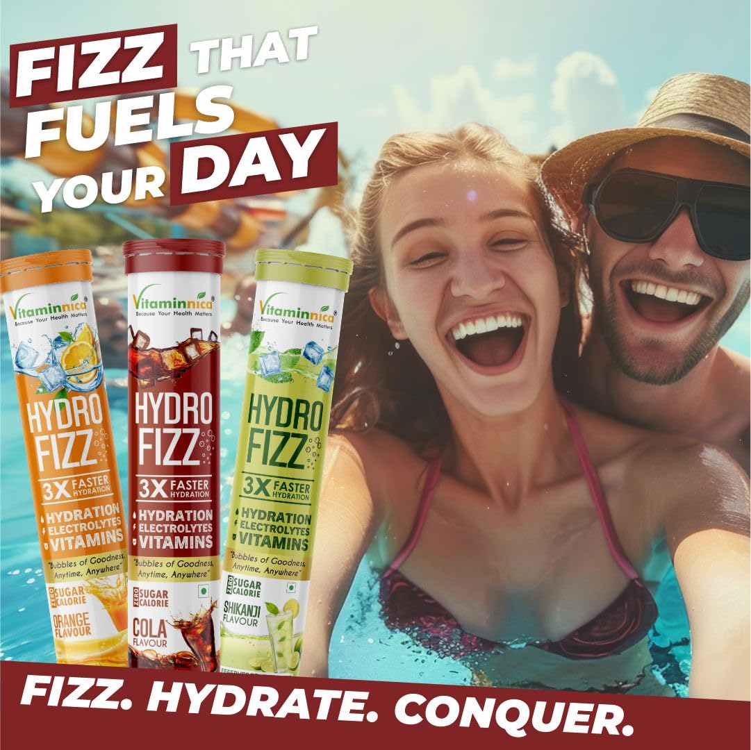 Vitaminnica Hydro Fizz Effervescent Tablets | Sugar-Free & Refreshing- 20 Effervescent Tablets– Advanced Hydration Drink & Electrolyte Booster | Orange Flavour- Pack of 2