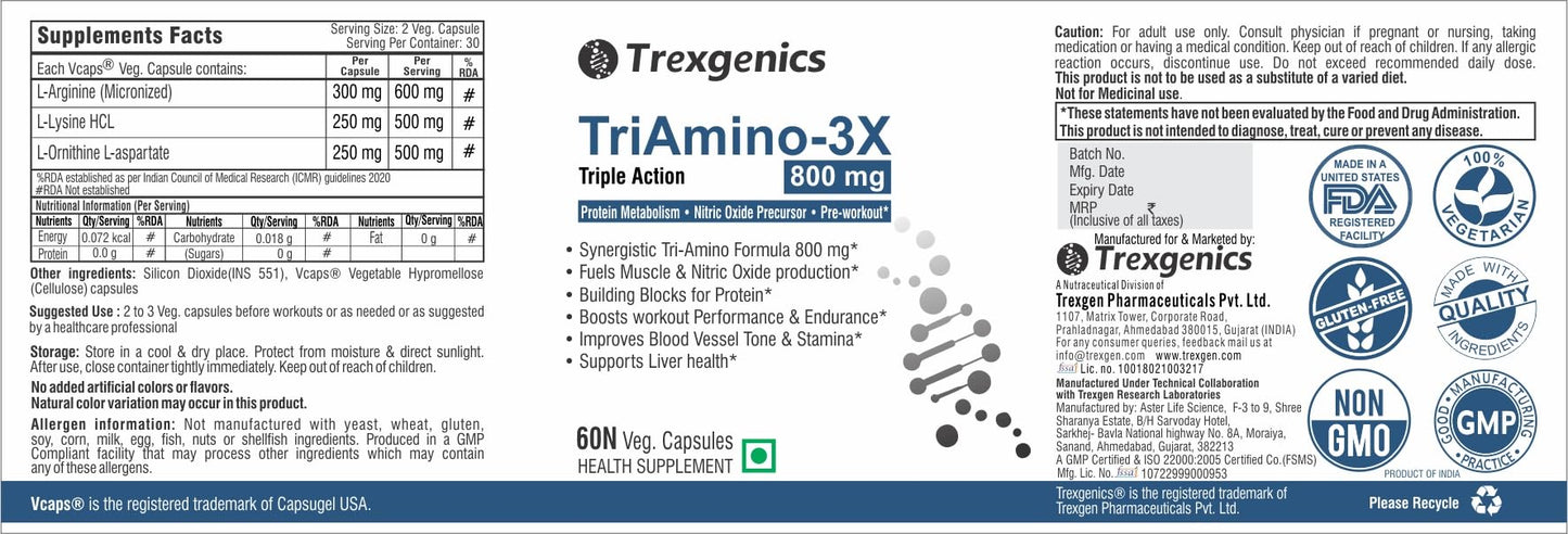 Trexgenics TRIAMINO-3X Advanced Nitric Oxide Precursor, Protein Metabolism, Endurance, Recovery, Blood Circulation and Pre-Workout, 250 Mg/Capsule (60 Veg. Capsules)