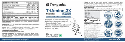 Trexgenics TRIAMINO-3X Advanced Nitric Oxide Precursor, Protein Metabolism, Endurance, Recovery, Blood Circulation and Pre-Workout, 250 Mg/Capsule (60 Veg. Capsules)