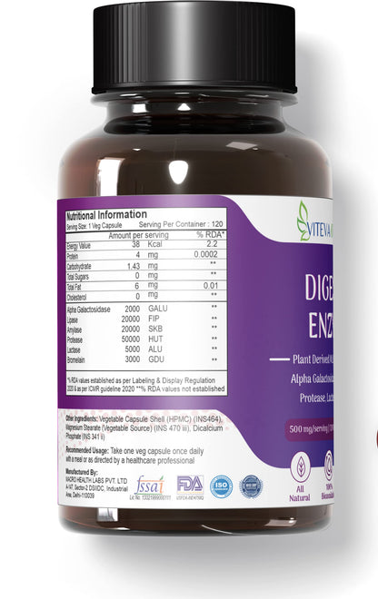 Viteva Organic Digestive Enzymes 500mg – 120 Veg Capsules with Bromelain, Alpha Galactosidase, Lipase, Amylase, Protease -Digestive enzyme