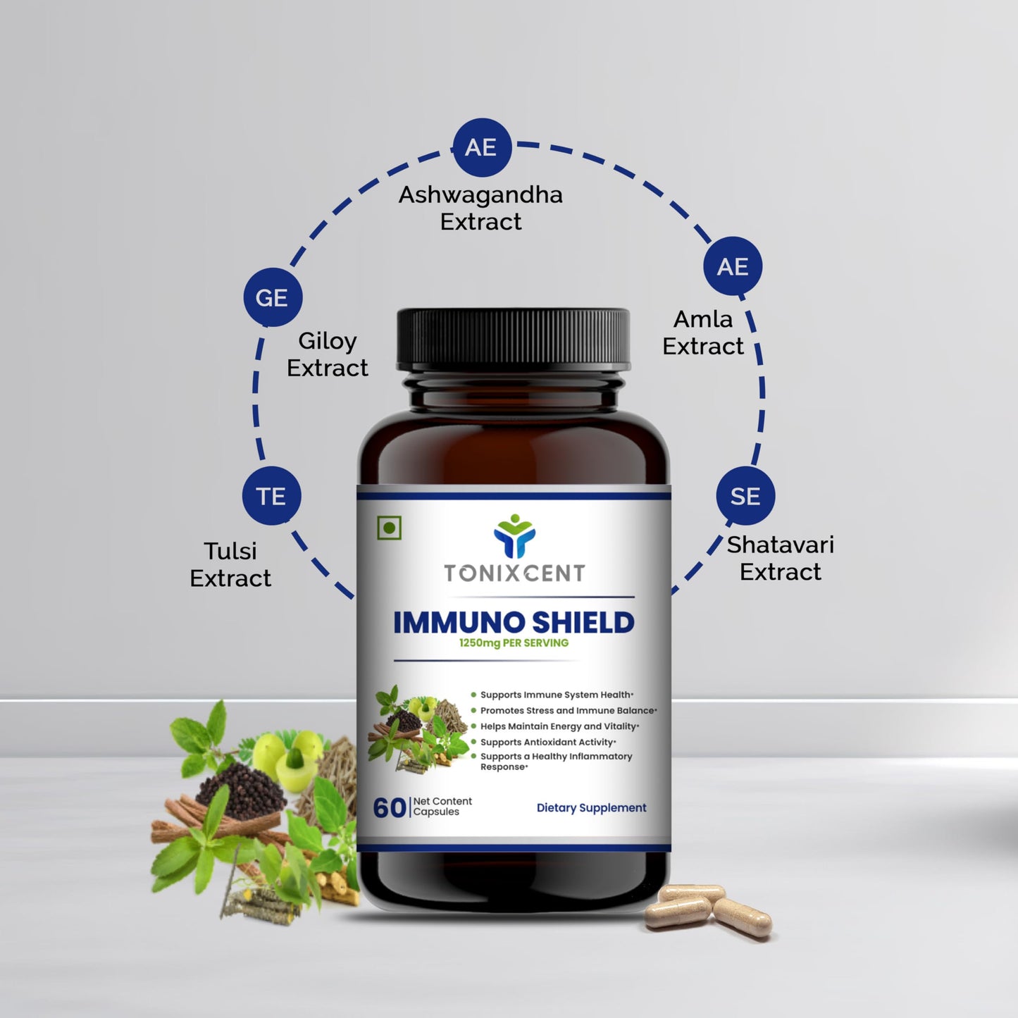 TONIXCENT ImmunoPower Recharge | Ashwagandha & ImmunoShield Capsules Combo | Stress Relief, Immunity & Energy | With Amla, Giloy, Tulsi & Adaptogens | 60+60 Veg Capsules