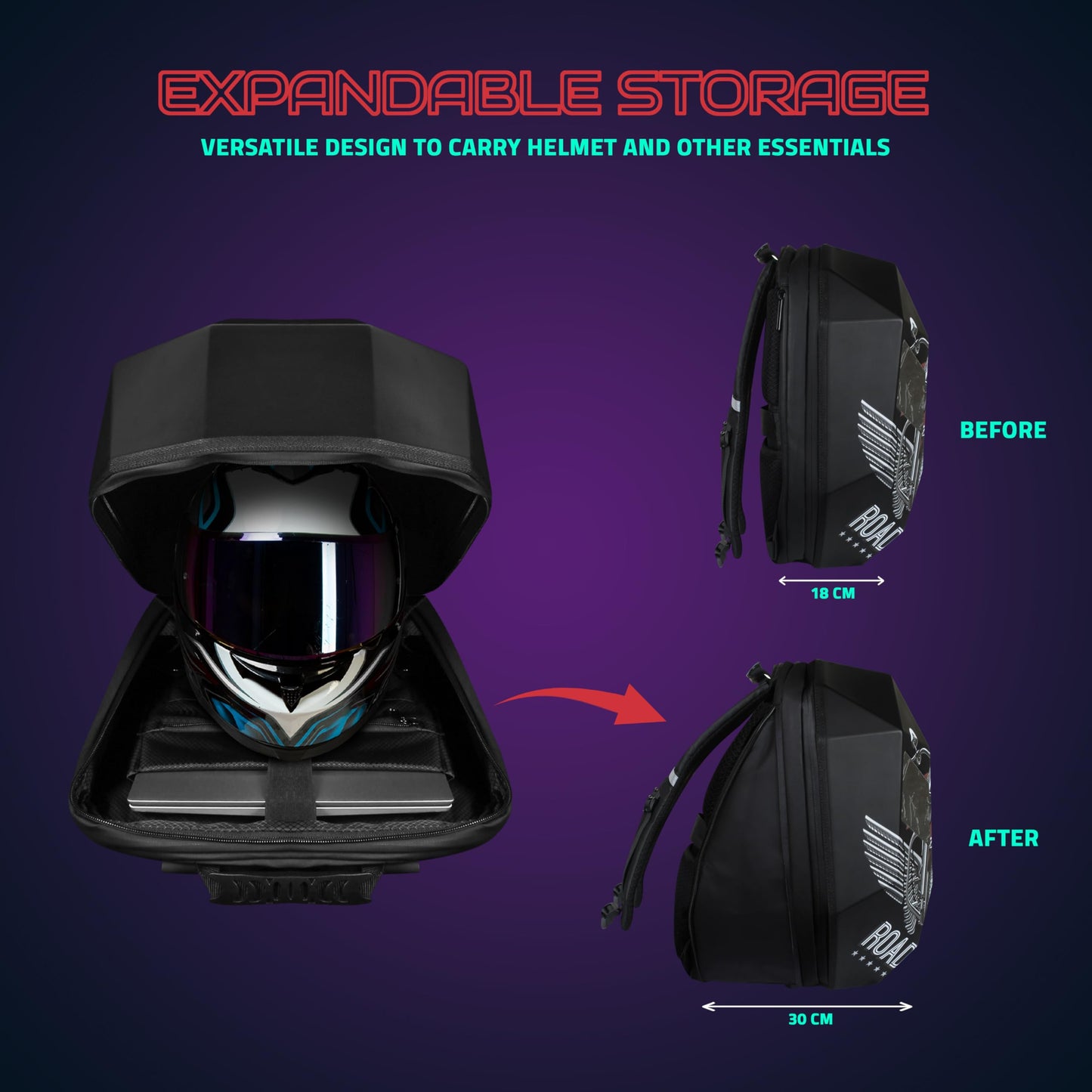 Hookaba: LED Eyes Adventure Motorcycle, Bikers Expandable Backpack India-Premium ABS & PC Hard Shell Fabric-15.6" inch Laptop-31 Ltrs | Waterproof IPX5 | 1 year Warranty (Black)