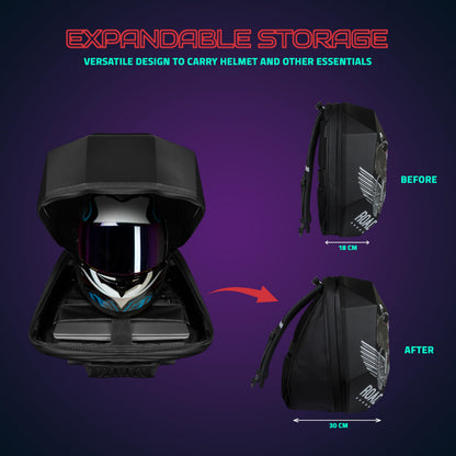 Hookaba: LED Eyes Adventure Motorcycle, Bikers Expandable Backpack India-Premium ABS & PC Hard Shell Fabric-15.6" inch Laptop-31 Ltrs | Waterproof IPX5 | 1 year Warranty (Black)