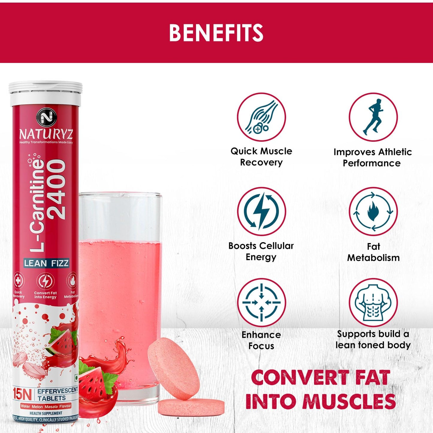 Naturyz L-Carnitine L Tartrate 2400 mg Converts fat into Energy|Energy & Endurance|Performance & Recovery - 15 capsules (Water Melon Masala Flavour), 1 count