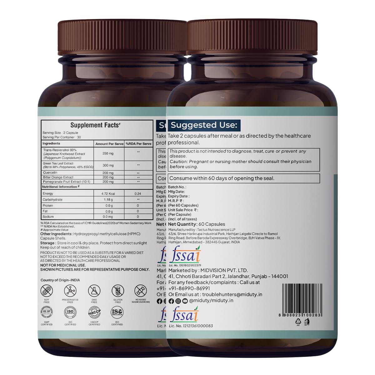 Miduty Stop Aging Trans Resveratol 250mg with Green Tea Leaf Extract 300mg | Quercetin, Bitter Orange & Pomegranate Fruit Extract | Powerful Antioxidant Formula | Anti Aging Supplement 60 Veg Capsules