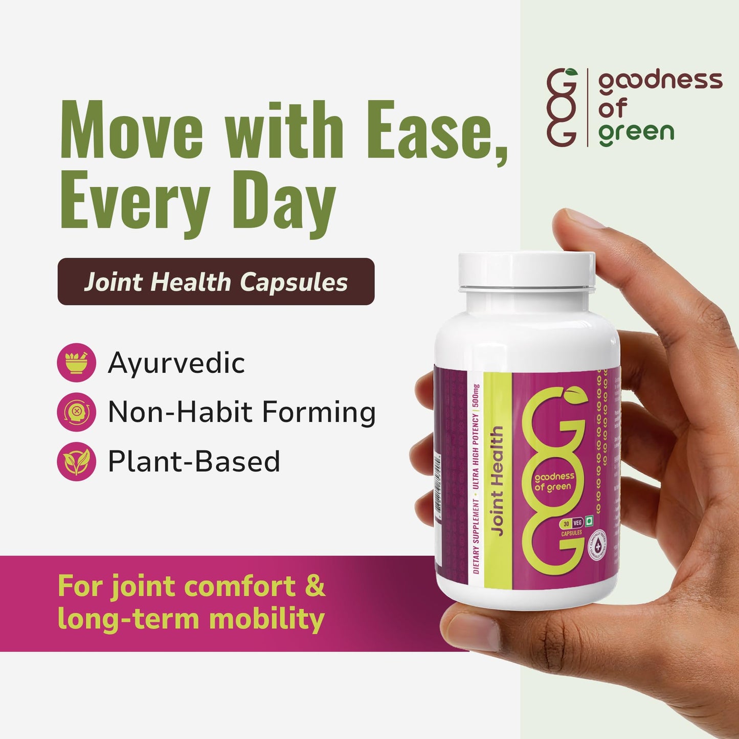 Goodness Of Green Joint Health Supplement, For Joint Support, Reduces Inflammation & Stiffness, Turmeric & Black Pepper Extract, Herbal Capsules Grown in Right Soil, 30 Veg Capsules