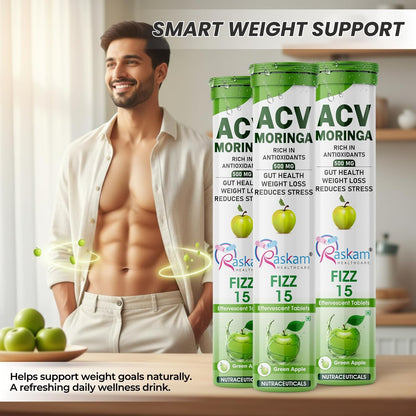 Raskam HEALTHCARE ACV Moringa 15 Effervescent Tablets 500 Mg Apple Cider Vinegar With No Added Sugar For Gut Health | Weight Loss | (Pack of 3, Green Apple)
