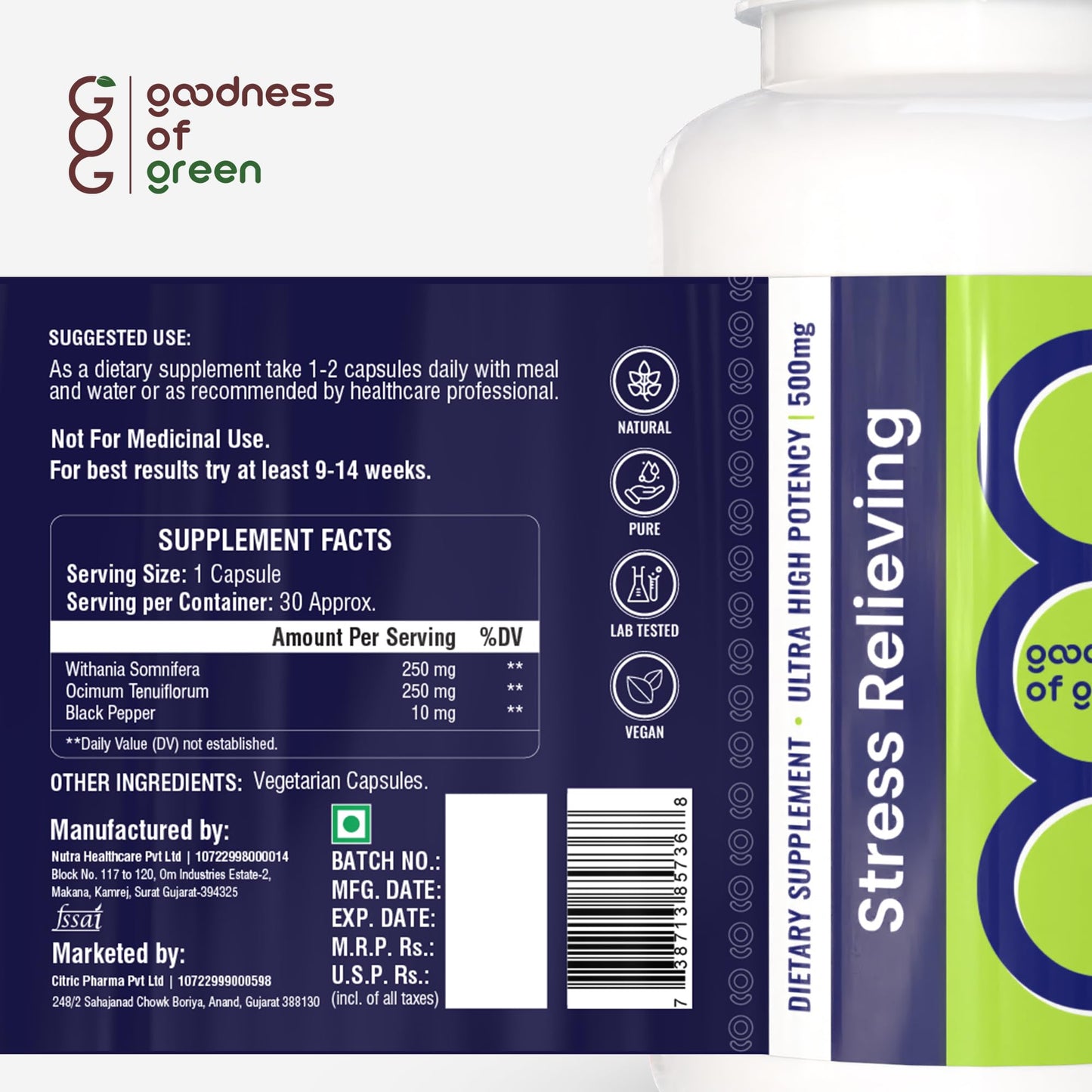 Goodness of Green Stress Relief Capsules with Tulsi & Ashwagandha, Natural Stress & Anxiety Support, Enhances Sleep Quality, Focus & Emotional Balance, 100% Pure, Vegan, Gluten-Free, 30 Veg Capsules